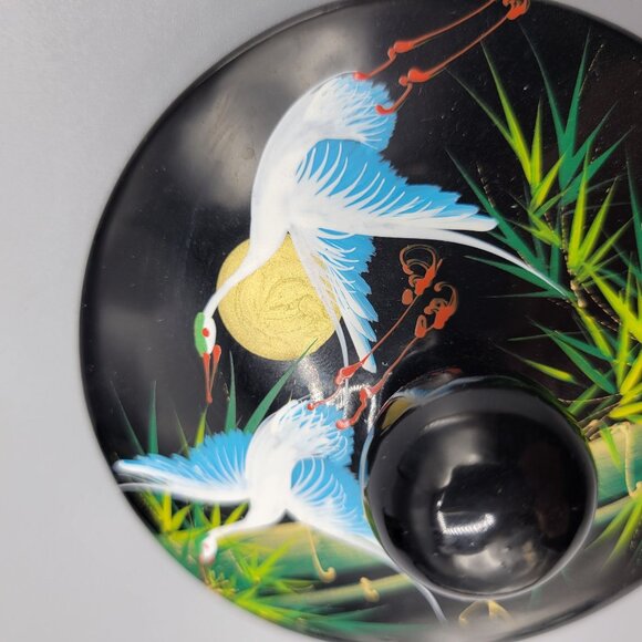 Vintage Asian Crane Bird and Bamboo Pattern Lacquered Coasters Set with Base - Picture 9 of 10
